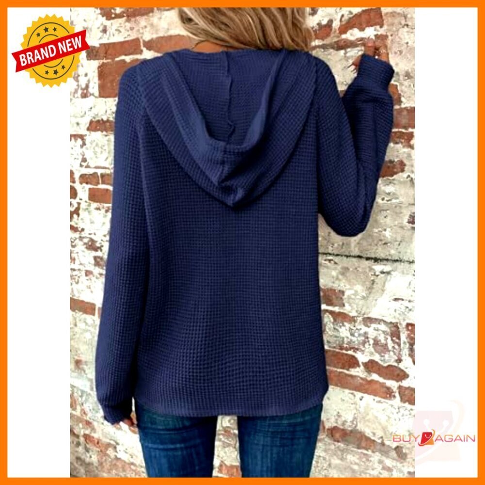 Waffle Knit Oversized Pullover Hoodie V Neck Drawstring Casual Chic Sweatshirt - Picture 2 of 7